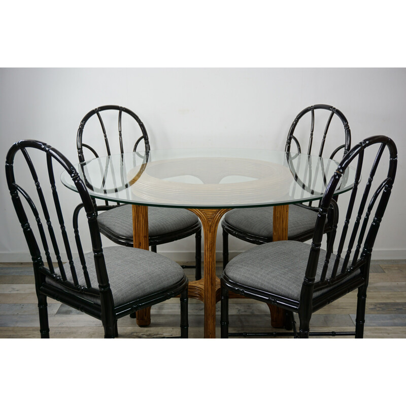 Vintage table round in rattan marquetry beveled, glass top, 1960s