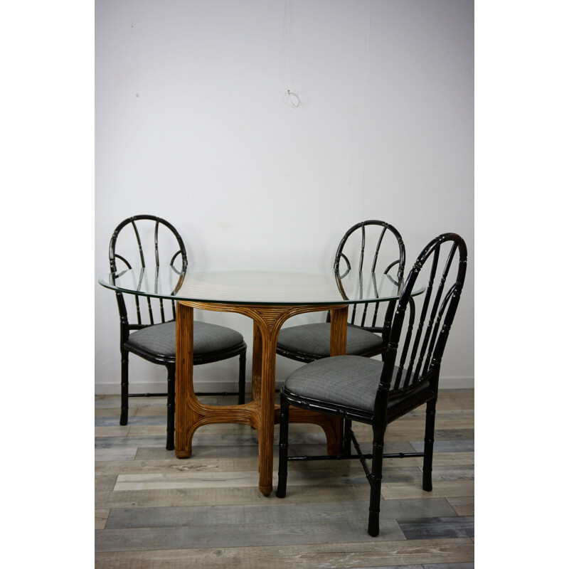 Vintage table round in rattan marquetry beveled, glass top, 1960s