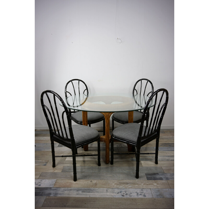 Vintage table round in rattan marquetry beveled, glass top, 1960s