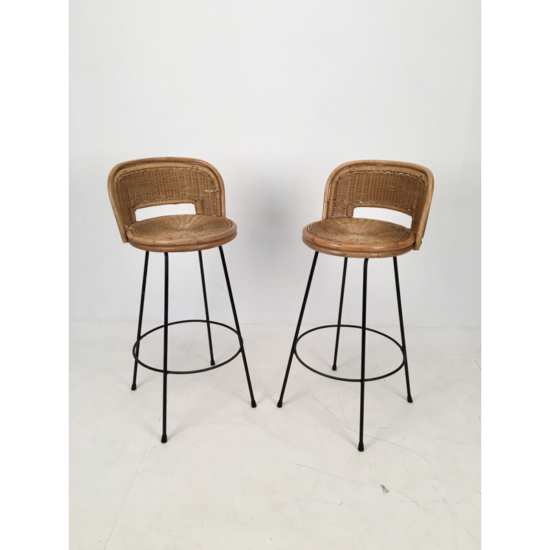 Pair of vintage Stools Wicker and Iron by Seng, Chicago, c.1950