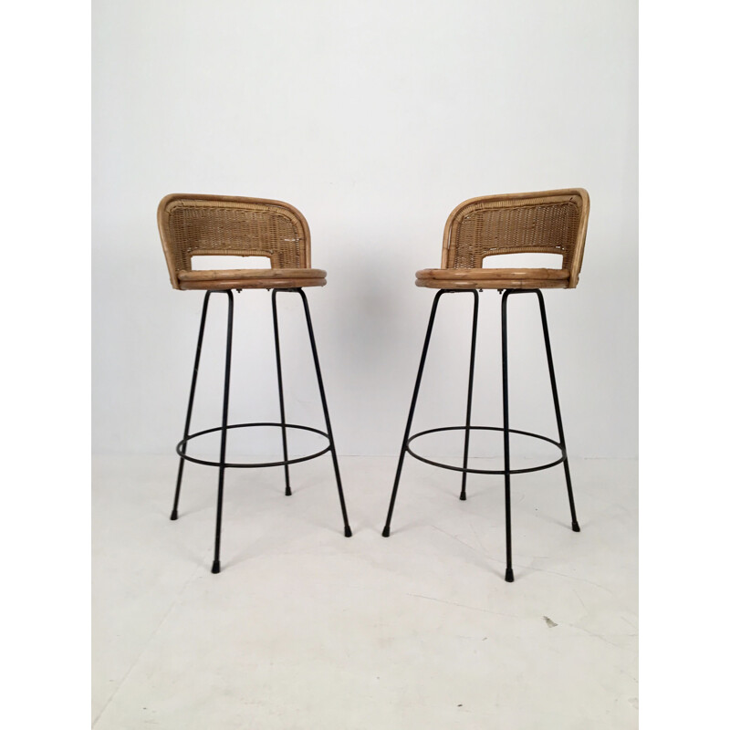 Pair of vintage Stools Wicker and Iron by Seng, Chicago, c.1950