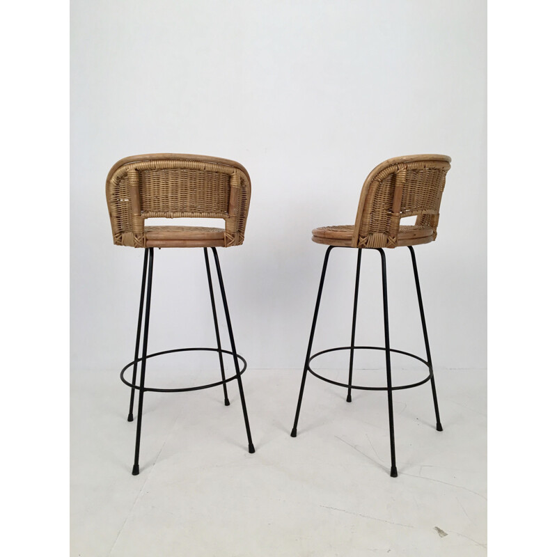 Pair of vintage Stools Wicker and Iron by Seng, Chicago, c.1950