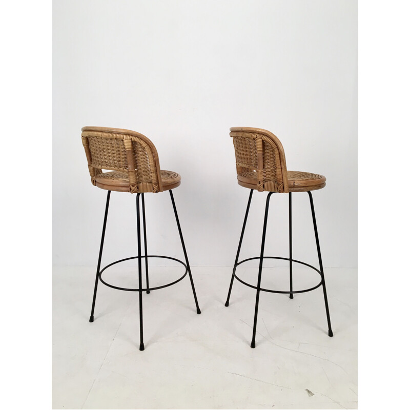 Pair of vintage Stools Wicker and Iron by Seng, Chicago, c.1950