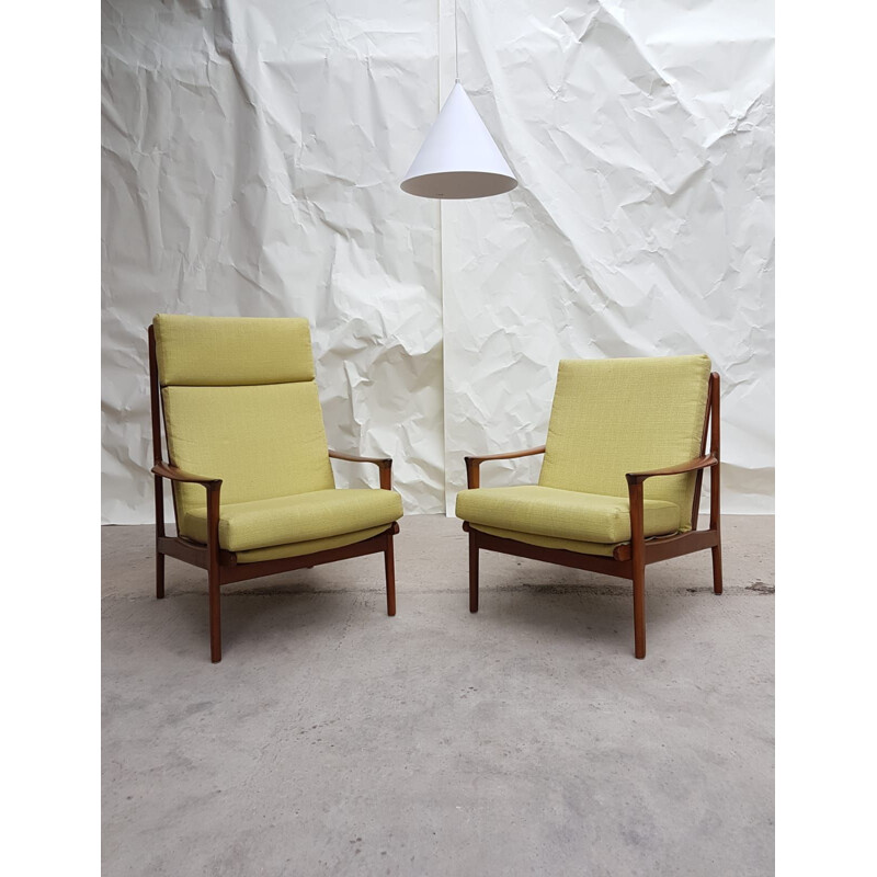 Pair Of Vintage Lounge Chairs in Teak and Linen, Australian 