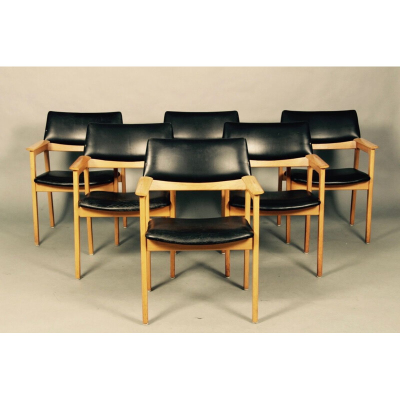 Set of 6 vintage chairs in black leather, Scandinavian 