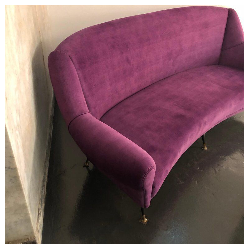 Vintage Sofa Curved, Purple Velvet and Brass, Italian circa 1950