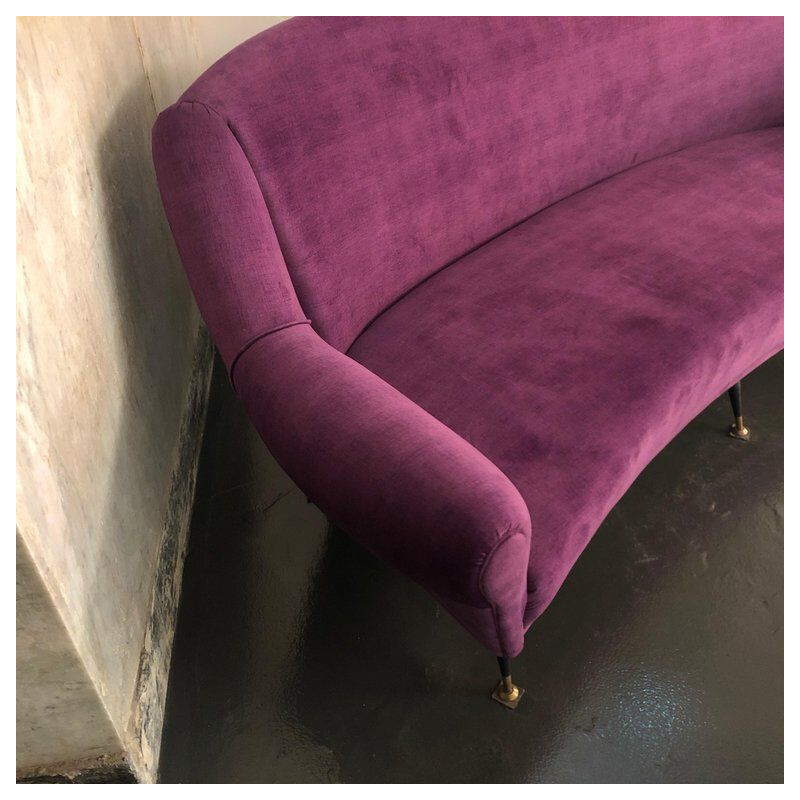 Vintage Sofa Curved, Purple Velvet and Brass, Italian circa 1950