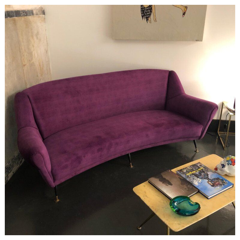 Vintage Sofa Curved, Purple Velvet and Brass, Italian circa 1950