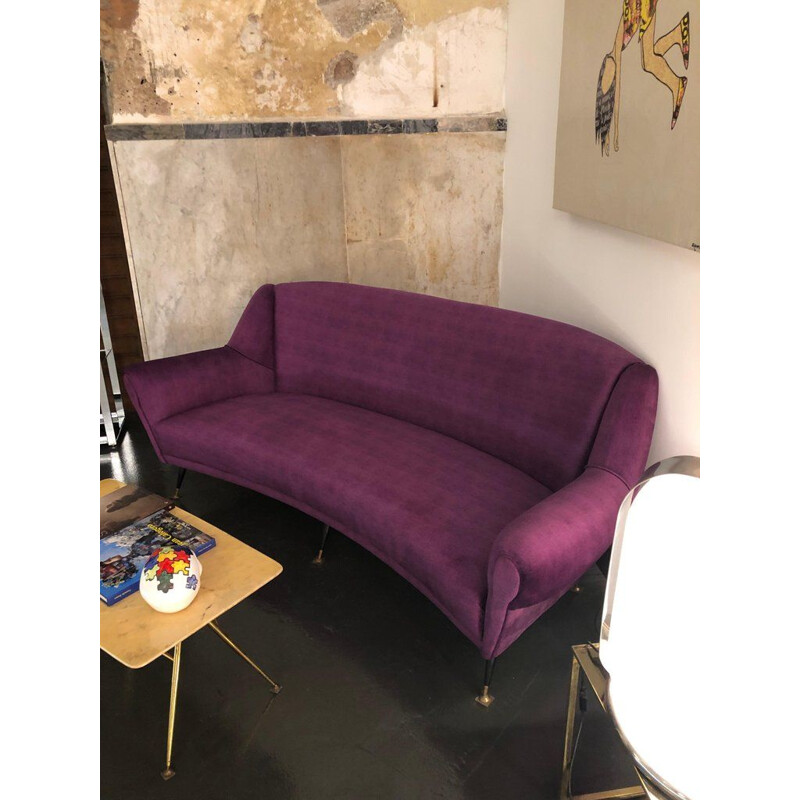 Vintage Sofa Curved, Purple Velvet and Brass, Italian circa 1950