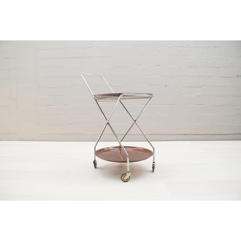 Vintage Serving Cart Folding Chrome & Rosewood from PK, 1960s