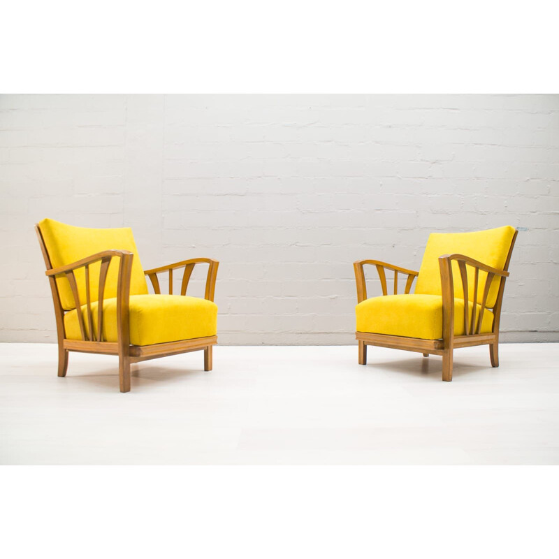 Ensemble de 2 fauteuils lounge vintage jaunes des années 1950