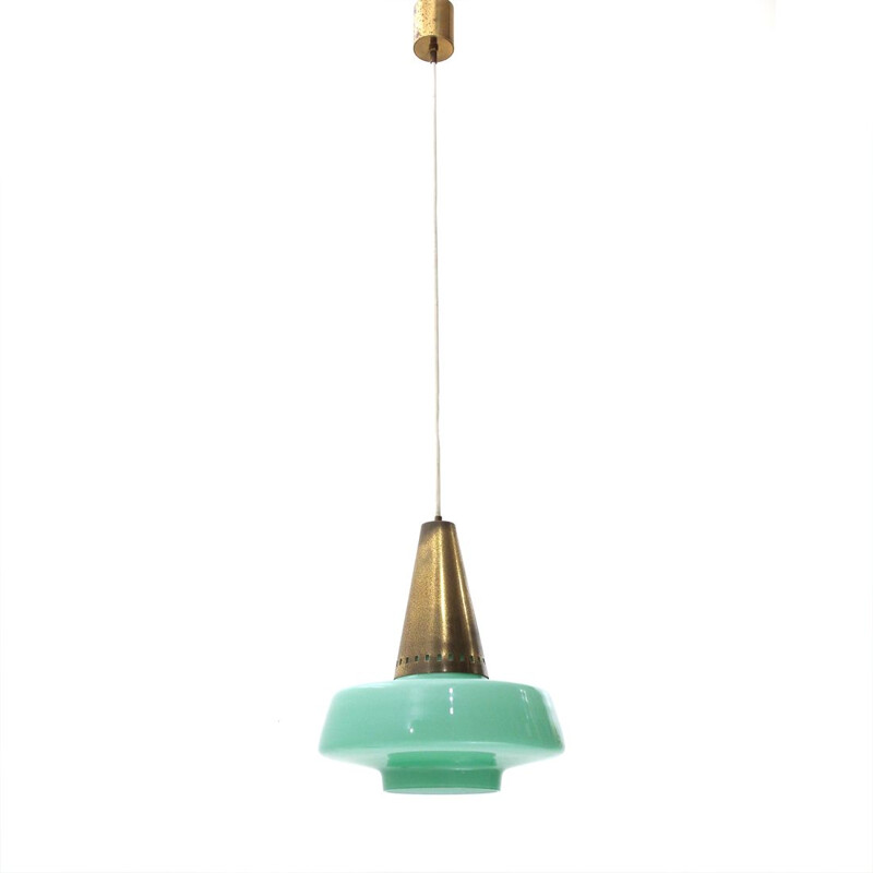 Vintage green glass and brass pendant lamp by Stilnovo