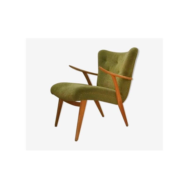 Zig Zag armchair in teak and green velvet