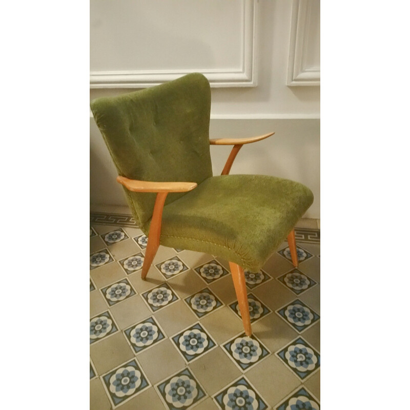 Zig Zag armchair in teak and green velvet