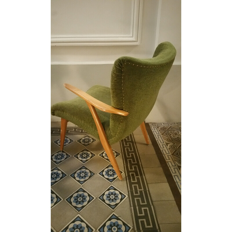 Zig Zag armchair in teak and green velvet