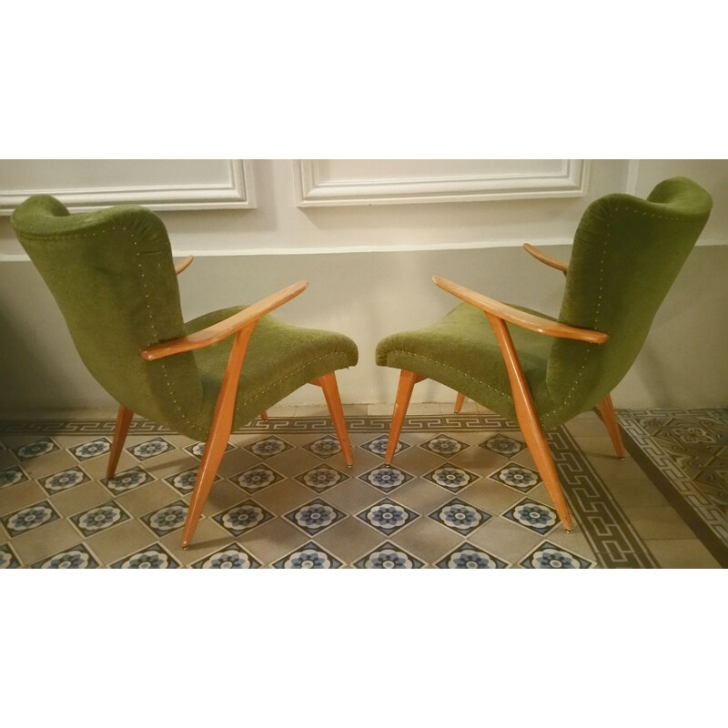 Zig Zag fauteuil in teakhout en groen fluweel