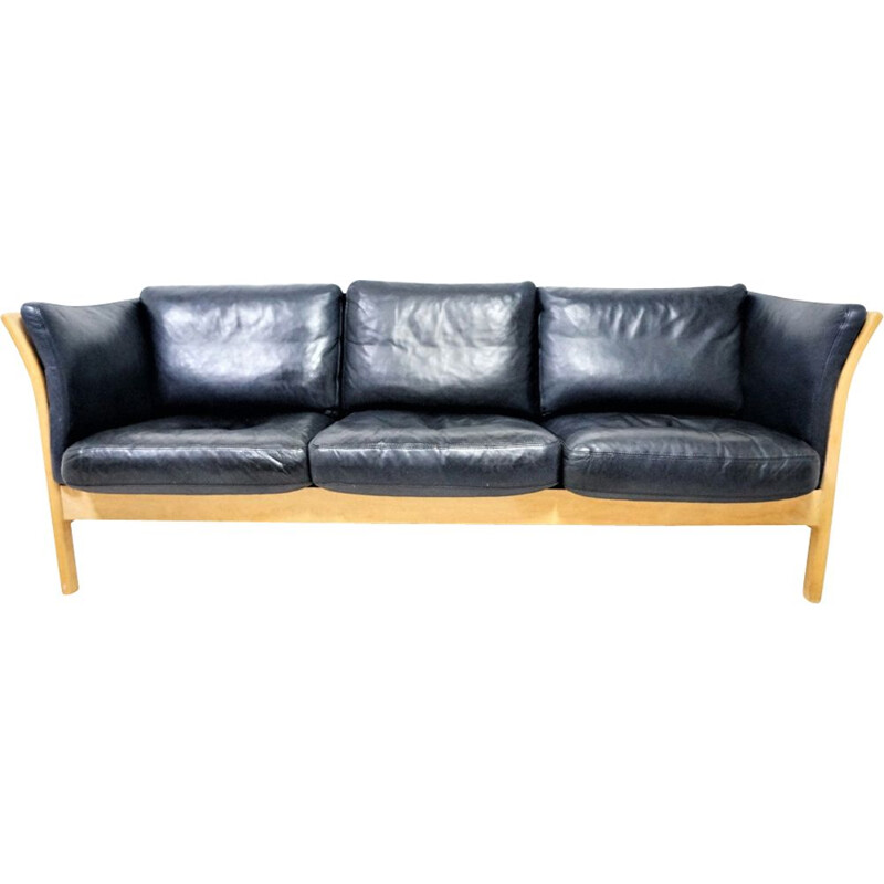 Scandinavian 3-seater sofa in black leather