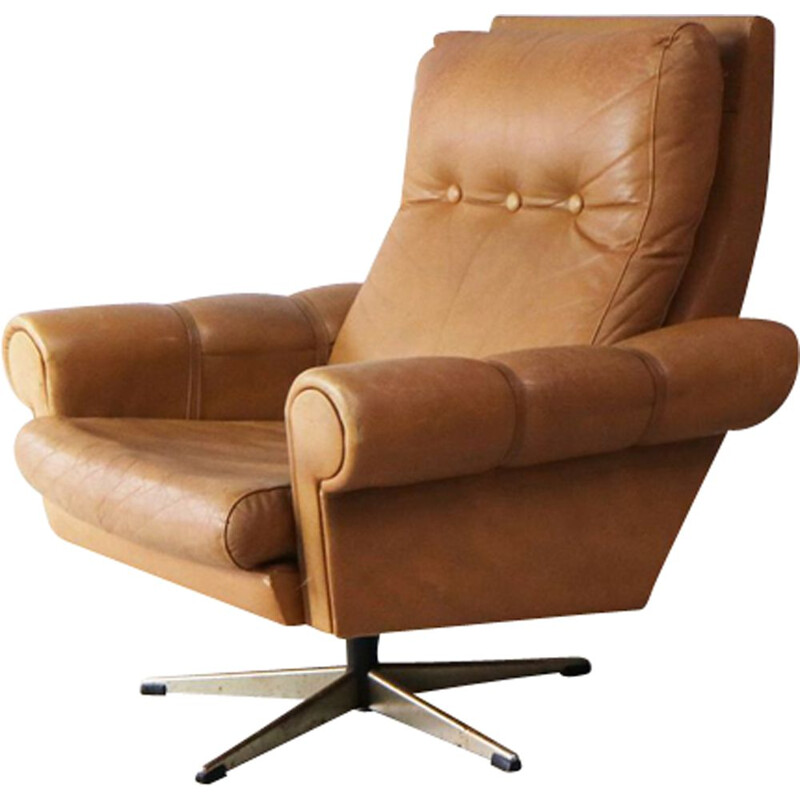 Vintage Swivel Lounge Chair Leather, Danish 1960s 