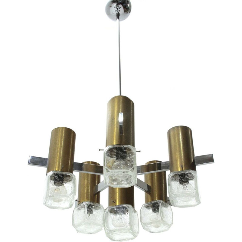 Vintage chandelier in brass, glass and chrome, Italy, 1970s