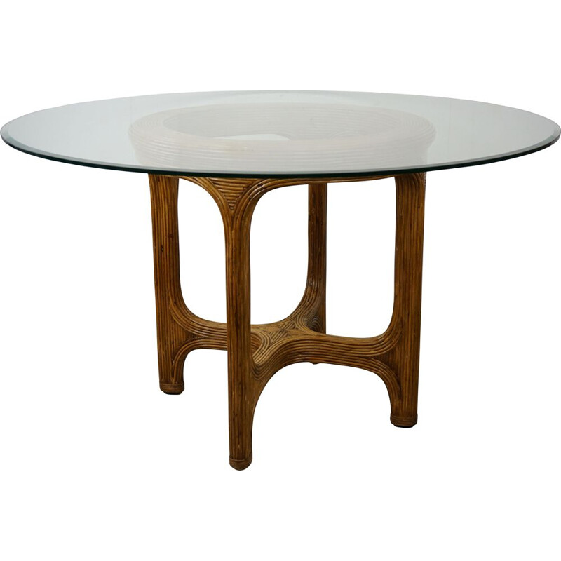 Vintage table round in rattan marquetry beveled, glass top, 1960s