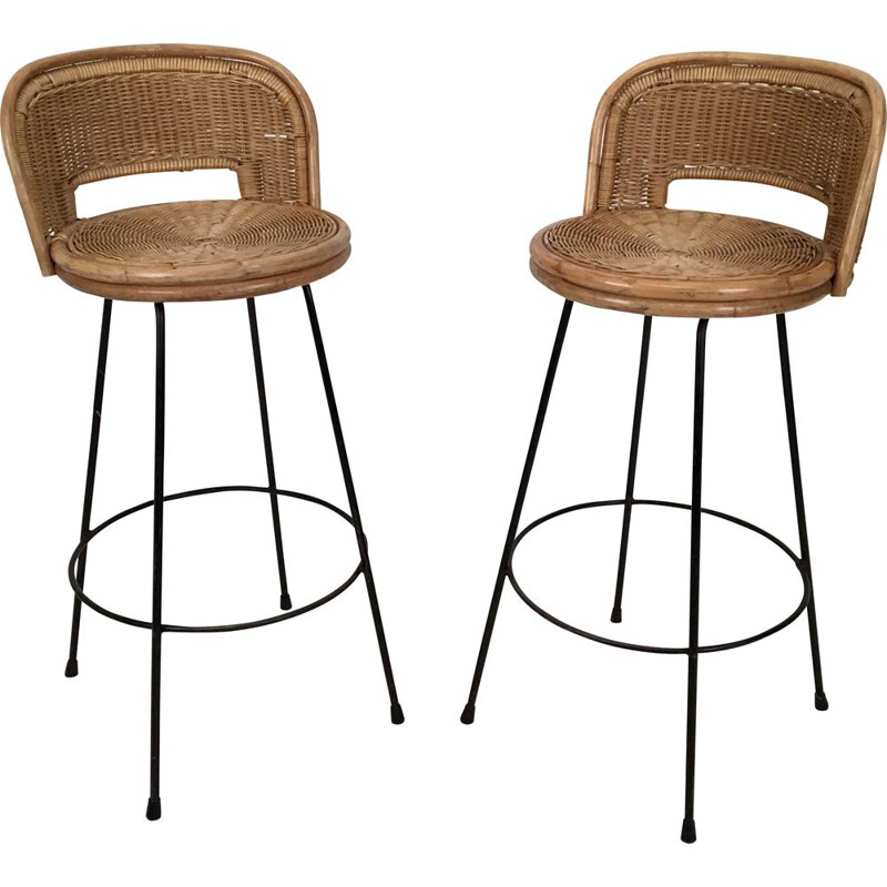 Pair of vintage Stools Wicker and Iron by Seng, Chicago, c.1950