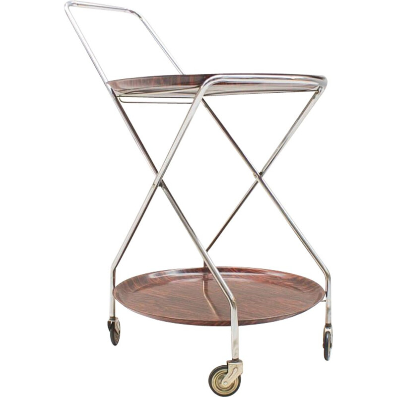 Vintage Serving Cart Folding Chrome & Rosewood from PK, 1960s