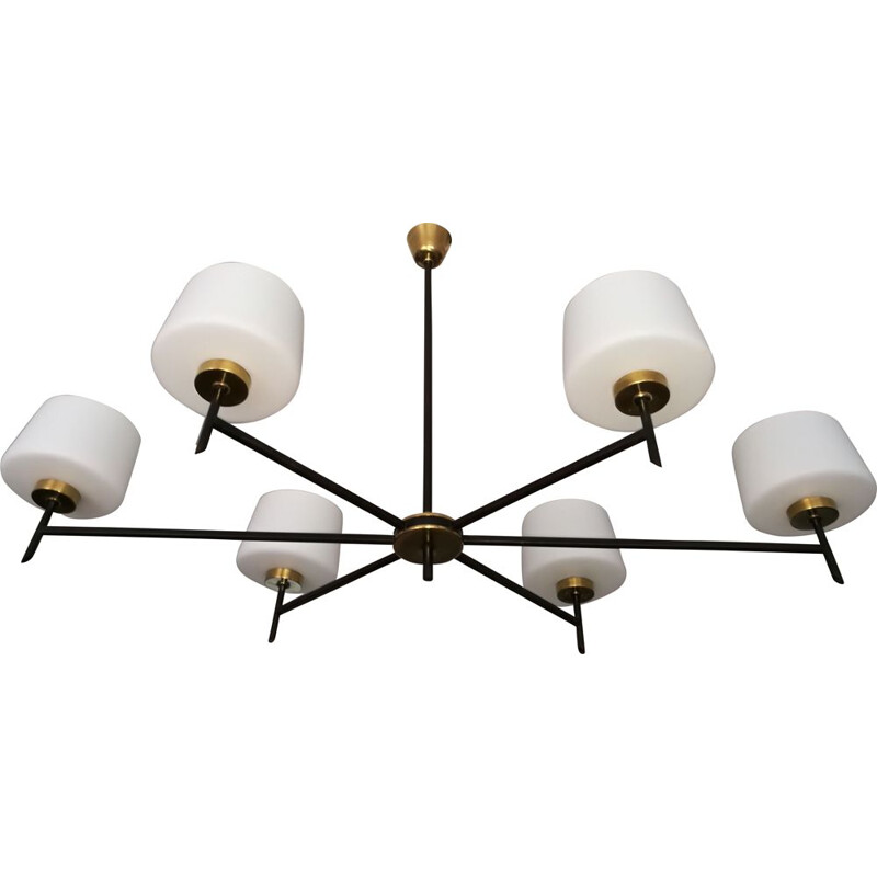 Vintage chandelier brass black metal and opaline 1960s