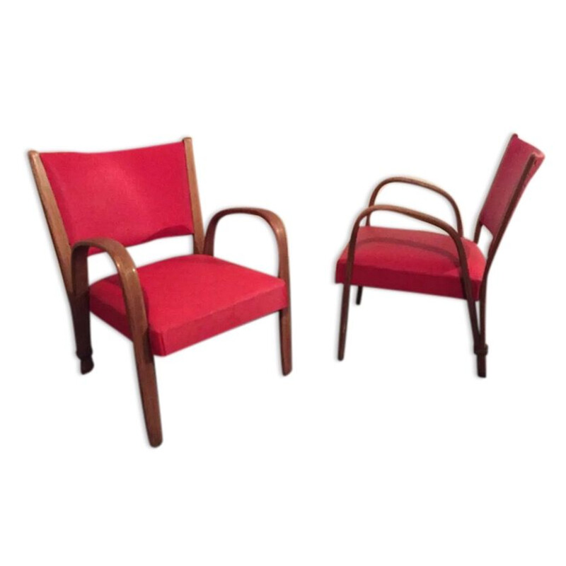 2 Red Steiner Bow Wood Chair, 1960