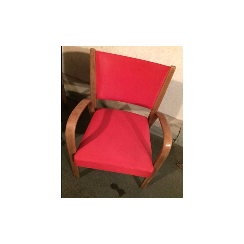 2 Red Steiner Bow Wood Chair, 1960