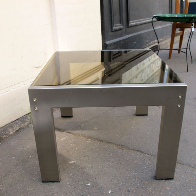 Vintage square coffee table, smoked glass and brushed metal, 1970