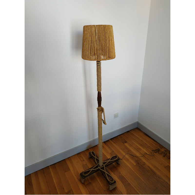 Vintage floor lamp in wood and Rope from the 50s