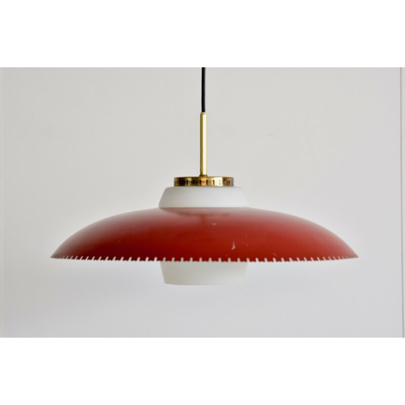 Danish vintage pendant light in opaline flass with brass  by bent Karlby for Lyfa,1955
