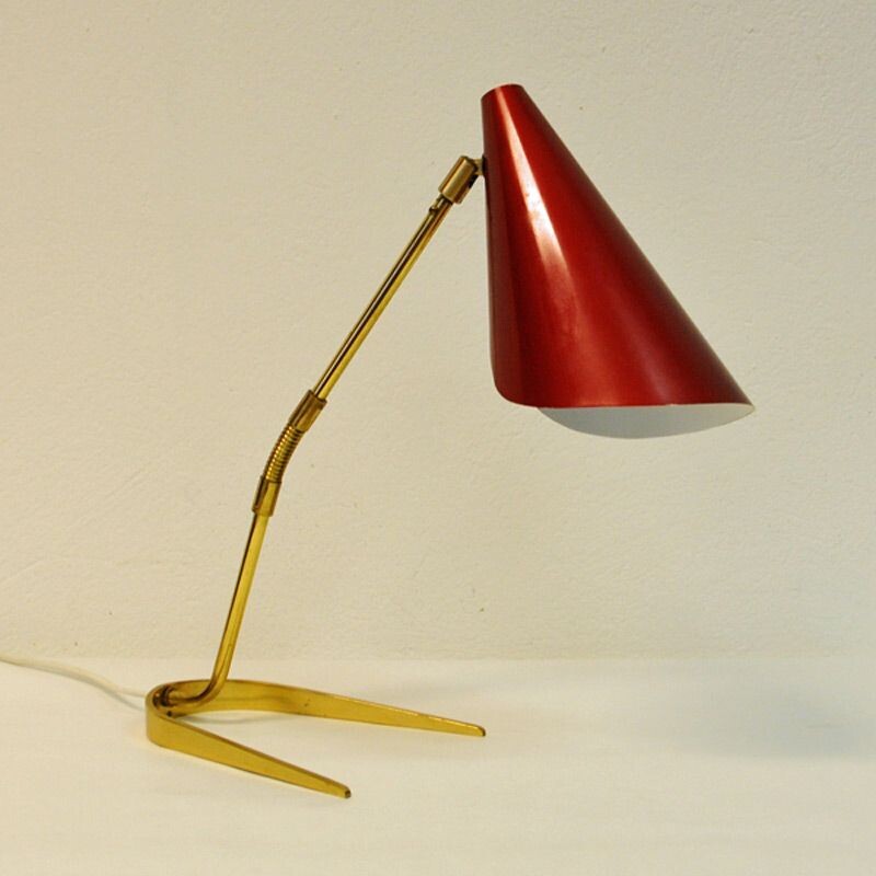 Vintage Scandinavian red table lamp in brass and metal  from the 50s