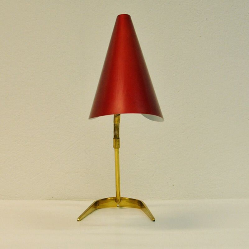 Vintage Scandinavian red table lamp in brass and metal  from the 50s