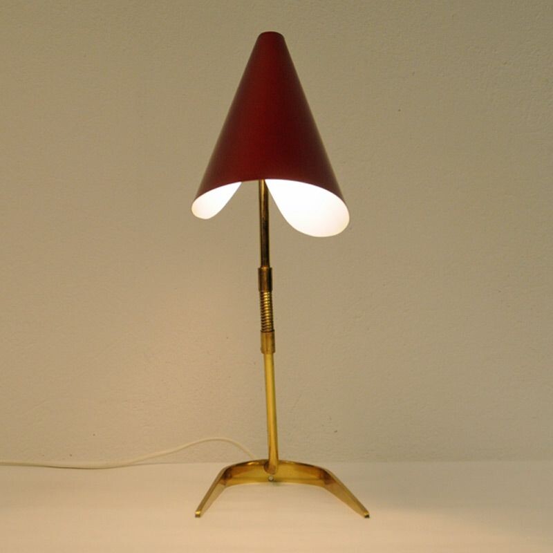 Vintage Scandinavian red table lamp in brass and metal  from the 50s