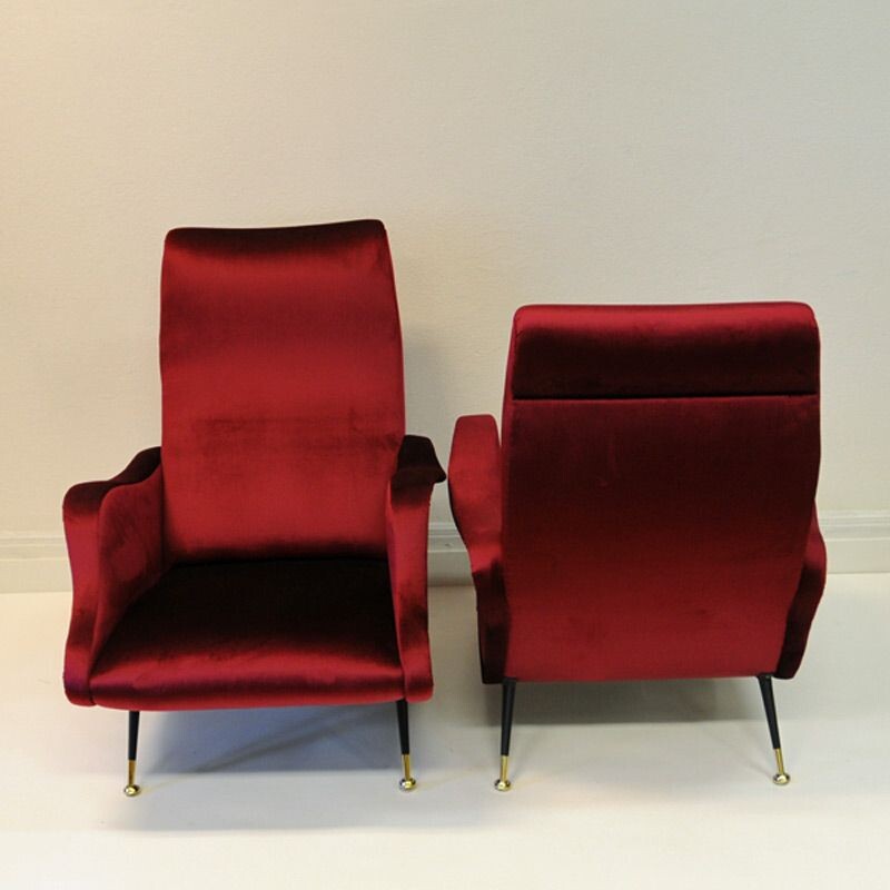 2 vintage Italien Red Velvet armchairs,from the 60s