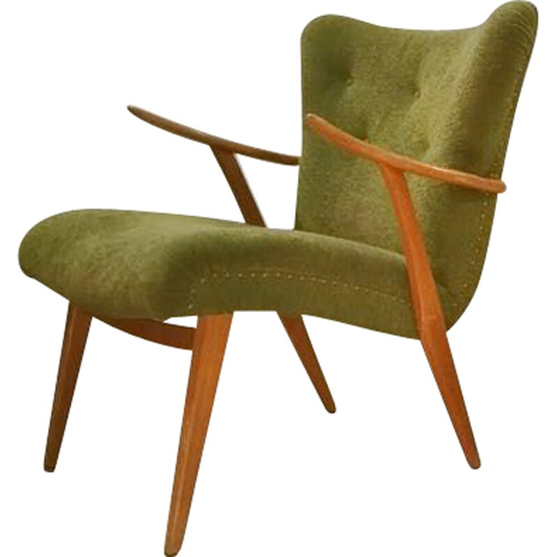 Zig Zag fauteuil in teakhout en groen fluweel