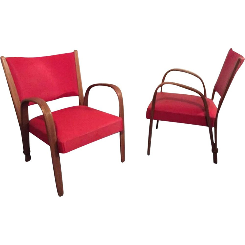 2 Red Steiner Bow Wood Chair, 1960
