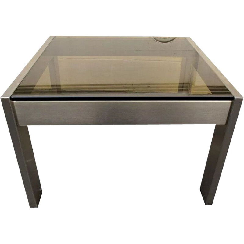 Vintage square coffee table, smoked glass and brushed metal, 1970