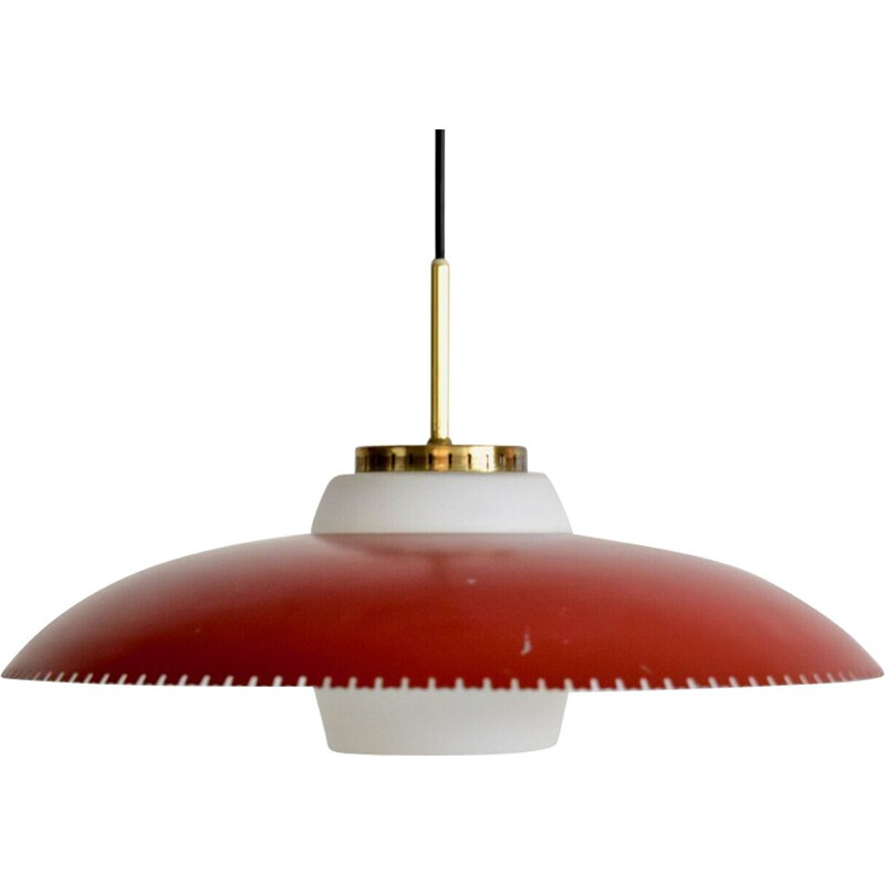 Danish vintage pendant light in opaline flass with brass  by bent Karlby for Lyfa,1955