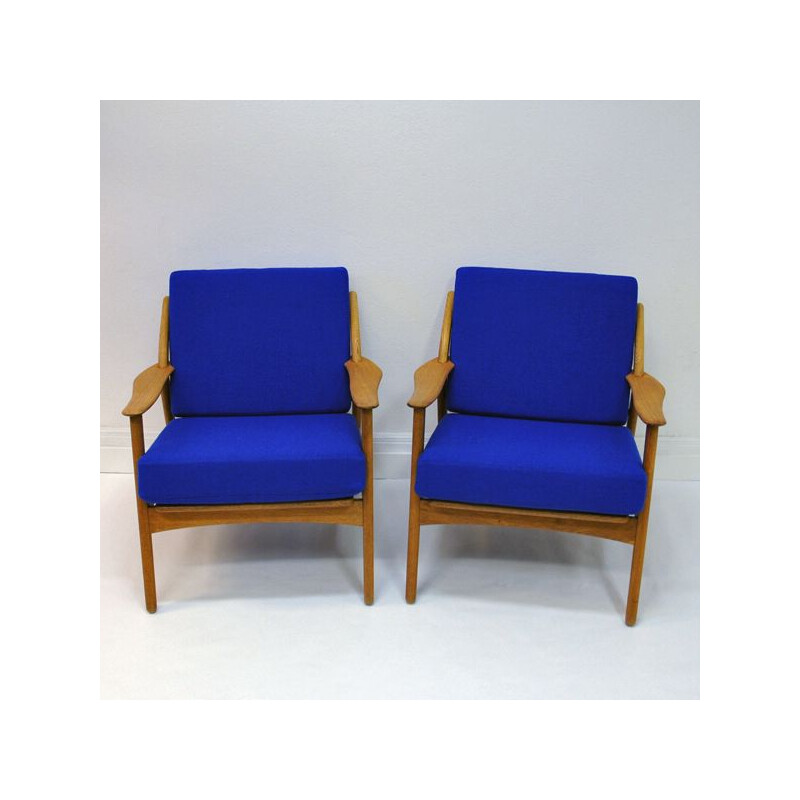 Pair of vintage Danish armchairs in blue fabric Niels Koefoed