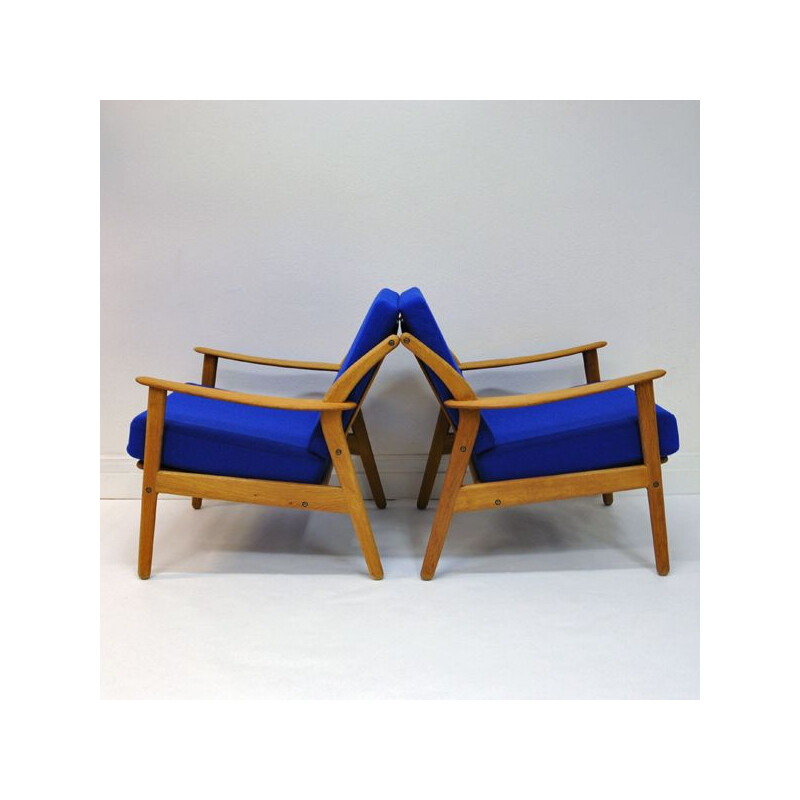 Pair of vintage Danish armchairs in blue fabric Niels Koefoed