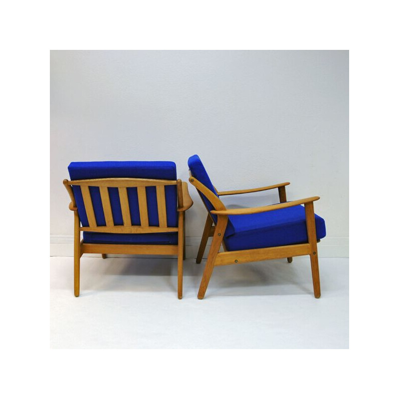 Pair of vintage Danish armchairs in blue fabric Niels Koefoed