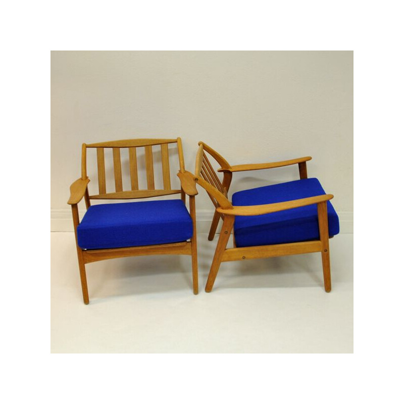 Pair of vintage Danish armchairs in blue fabric Niels Koefoed