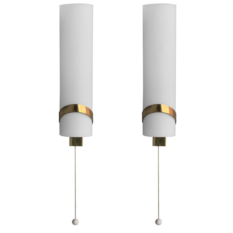 Pair of vintage brass and opaline wall lamps by Max Ingrand, 1940
