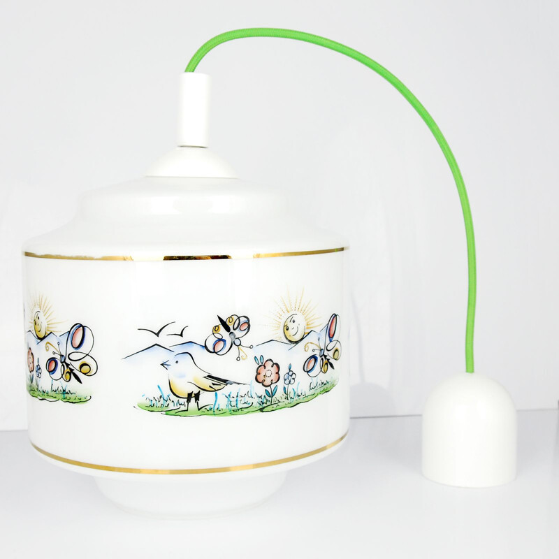 Vintage hanging lamp for a child's room with a decorative shade, Czechoslovakia 1960