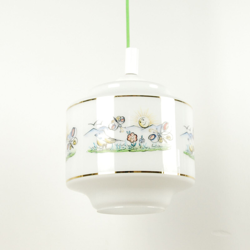 Vintage hanging lamp for a child's room with a decorative shade, Czechoslovakia 1960