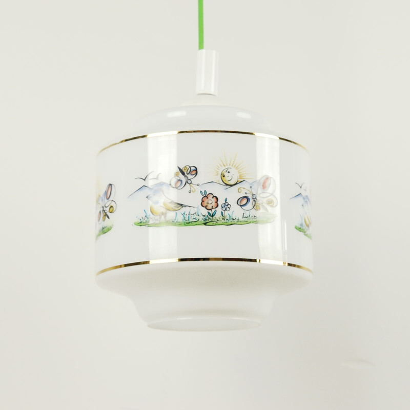 Vintage hanging lamp for a child's room with a decorative shade, Czechoslovakia 1960