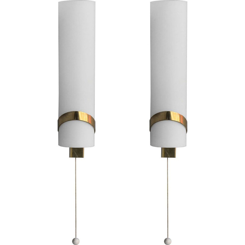 Pair of vintage brass and opaline wall lamps by Max Ingrand, 1940
