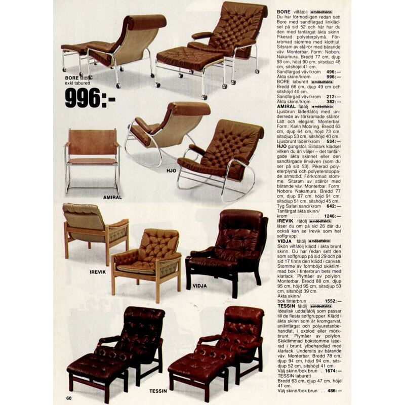 Paar vintage "Bore" lederen fauteuils met voetsteun,1970
